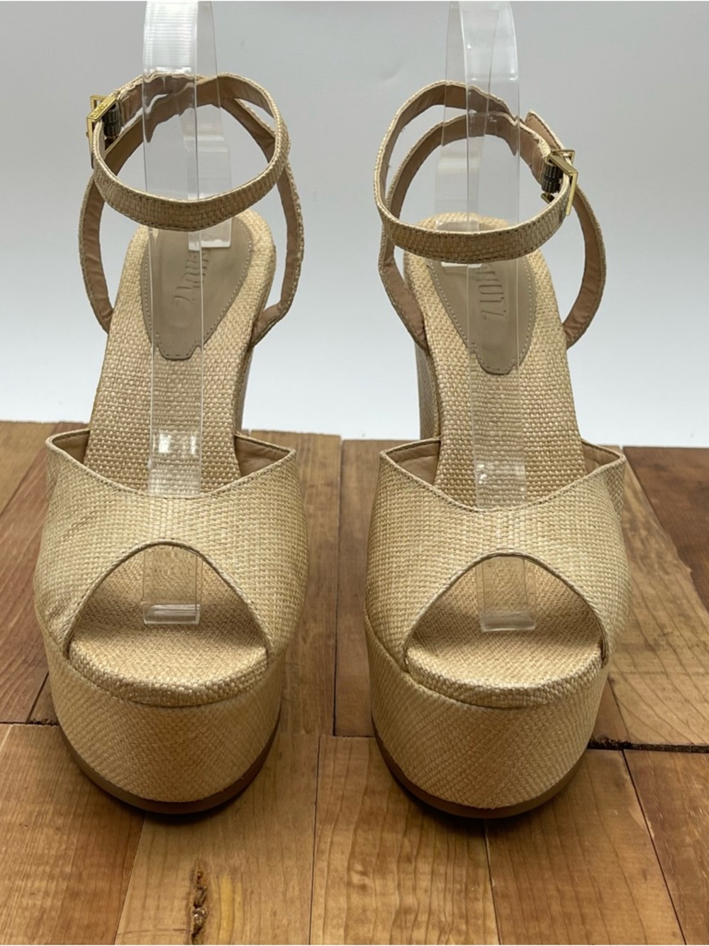 Schutz -SZ11B-Womens Neith Straw  Arera Neutral SyntheticPeep Toe Wedge Sandals